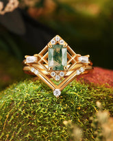 GLINDA Vintage Art Deco Geometry Moss Agate Bridal Ring Set