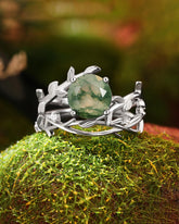 VERANTHE Nature Inspired Leaf Moss Agate Wedding Ring Set