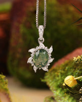 CAMELIA Oval Cut Moss Agate Moissanite Cluster Halo Pendant Necklace