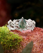 RAINA Pear Shaped Moss Agate Engagement Ring Set Nature Inspired Leaf Bridal Ring Set