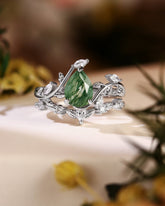 EVELYN Moss Agate Pear Cut Vine Engagement Ring Set