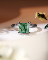 RHEA Princess Cut Moss Agate Solitaire Engagement Ring