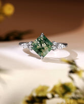 JUDITH Princess Cut Moss Agate Three Stone Engagement Ring