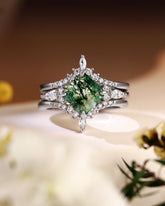 FAITH Green Moss Agate Princess Cut Engagement Ring Set 3pcs