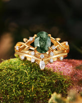 FORESTINA Nature Inspired Oval Cut Leafy Moss Agate Ring Set 2pcs