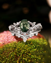 FORESTINA Nature Inspired Oval Cut Leafy Moss Agate Ring Set 2pcs