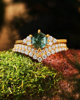 FINIS Vintage Hexagon Cut Moss Agate Engagement Ring Set