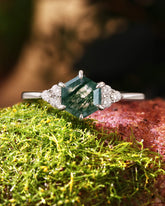 TIFREY Vintage Hexagon Moss Agate Three Stone Cluster Engagement Ring