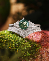 FINIS Vintage Hexagon Cut Moss Agate Engagement Ring Set