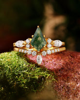 FIRANO Vintage Kite Shaped Moss Agate and Diamond Engagement Ring Set