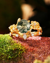 MANDORA Round Cut Moss Agate Leafy Engagement Ring Set 2pcs