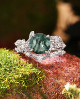 MANDORA Round Cut Moss Agate Leafy Engagement Ring Set 2pcs