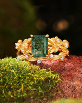 TELOS Emerald Cut Moss Agate Leafy Engagement Ring Set