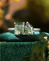 ACACIA Emerald & Pear Shaped Two Stone Ring Unique Moss Agate Toi Et Moi Engagement Ring