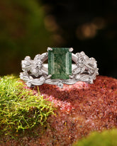 TELOS Emerald Cut Moss Agate Leafy Engagement Ring Set