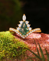 FREYA Unique Art Deco & Halo Kite Cut Moss Agate Engagement Ring