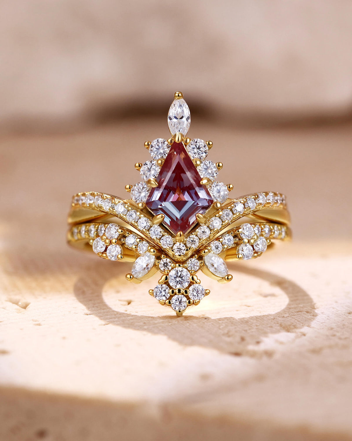 CHANTILLY Kite Cut Alexandrite Engagement Ring Cluster Bridal Ring Set