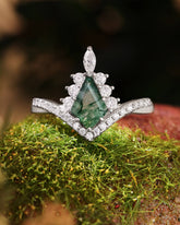 FREYA Unique Art Deco & Halo Kite Cut Moss Agate Engagement Ring