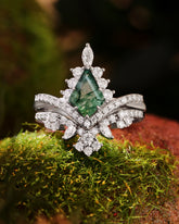 CEDRELLA Unique Art Deco Curved Halo Wedding Ring Kite Cut Moss Agate Engagement Ring set