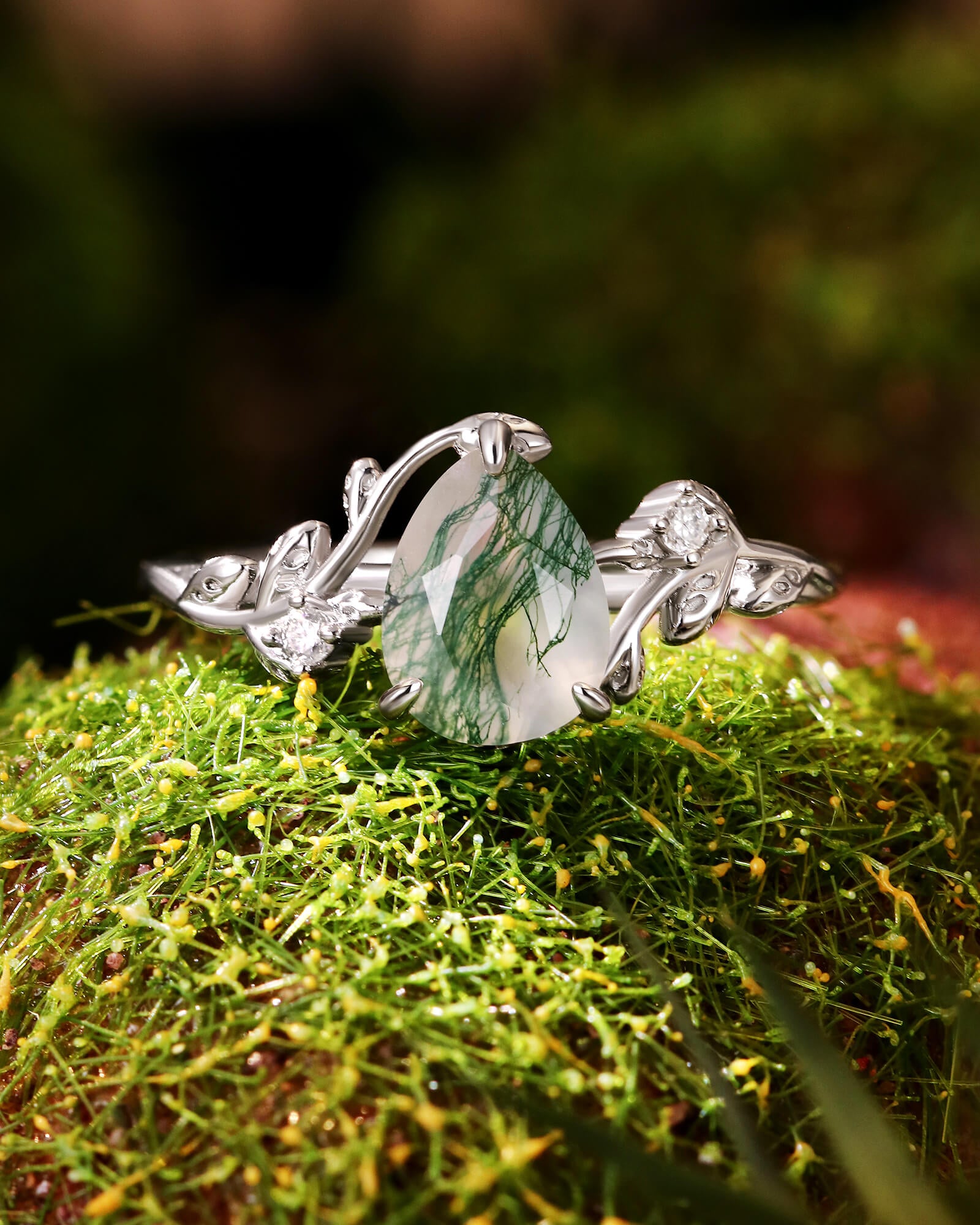 GROVENA Nature Inspired Pear Cut Moss Agate Leafy Engagement Ring GROVENA Nature Inspired Pear Cut Moss Agate Leafy Engagement Ring