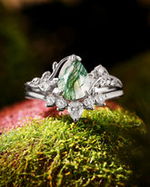 LINSORO Pear Cut Moss Agate and Moissanite Wedding Ring Set Nature Inspired Bridal Ring Set