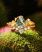 LINSORO Pear Cut Moss Agate and Moissanite Wedding Ring Set Nature Inspired Bridal Ring Set