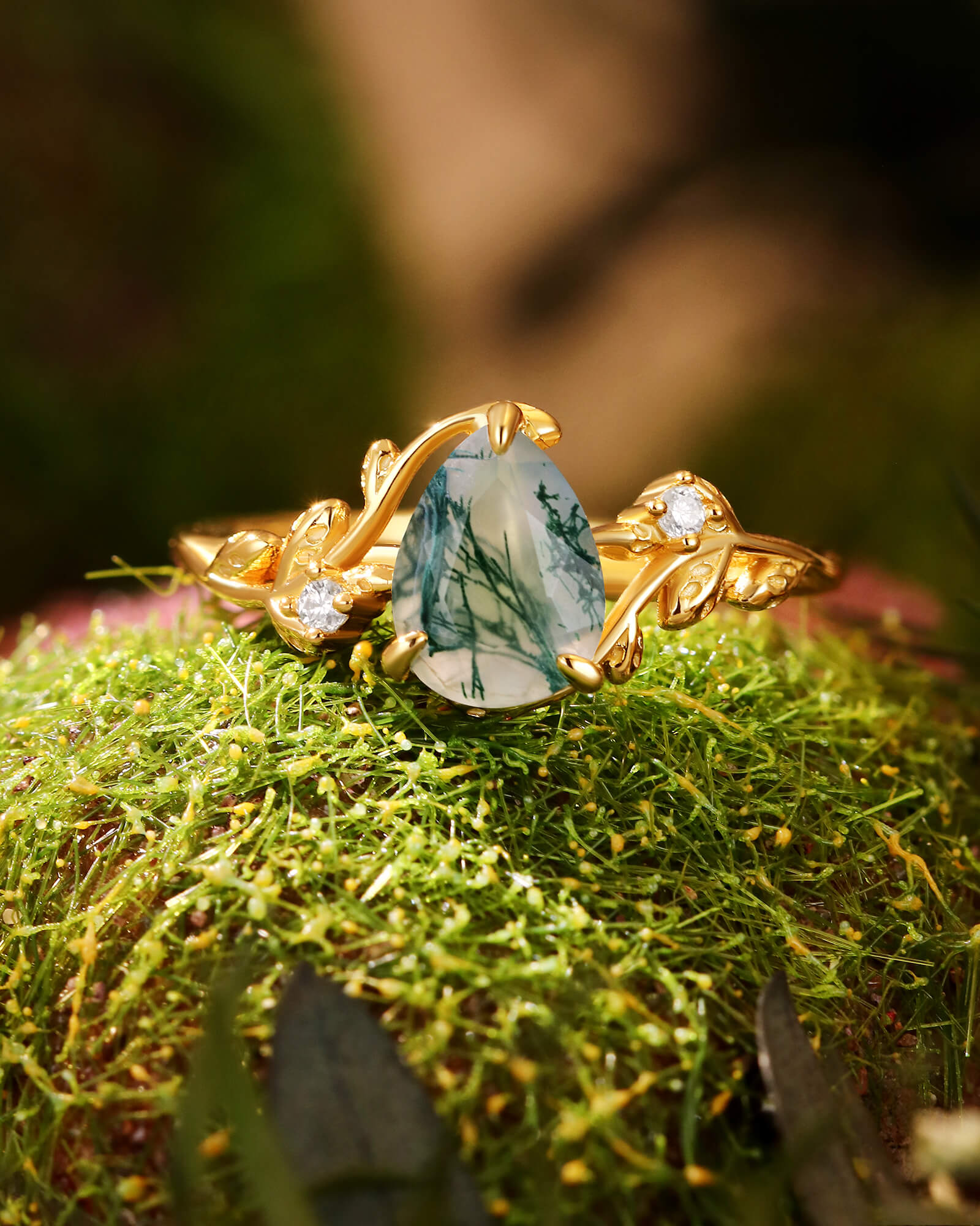 GROVENA Nature Inspired Pear Cut Moss Agate Leafy Engagement Ring GROVENA Nature Inspired Pear Cut Moss Agate Leafy Engagement Ring