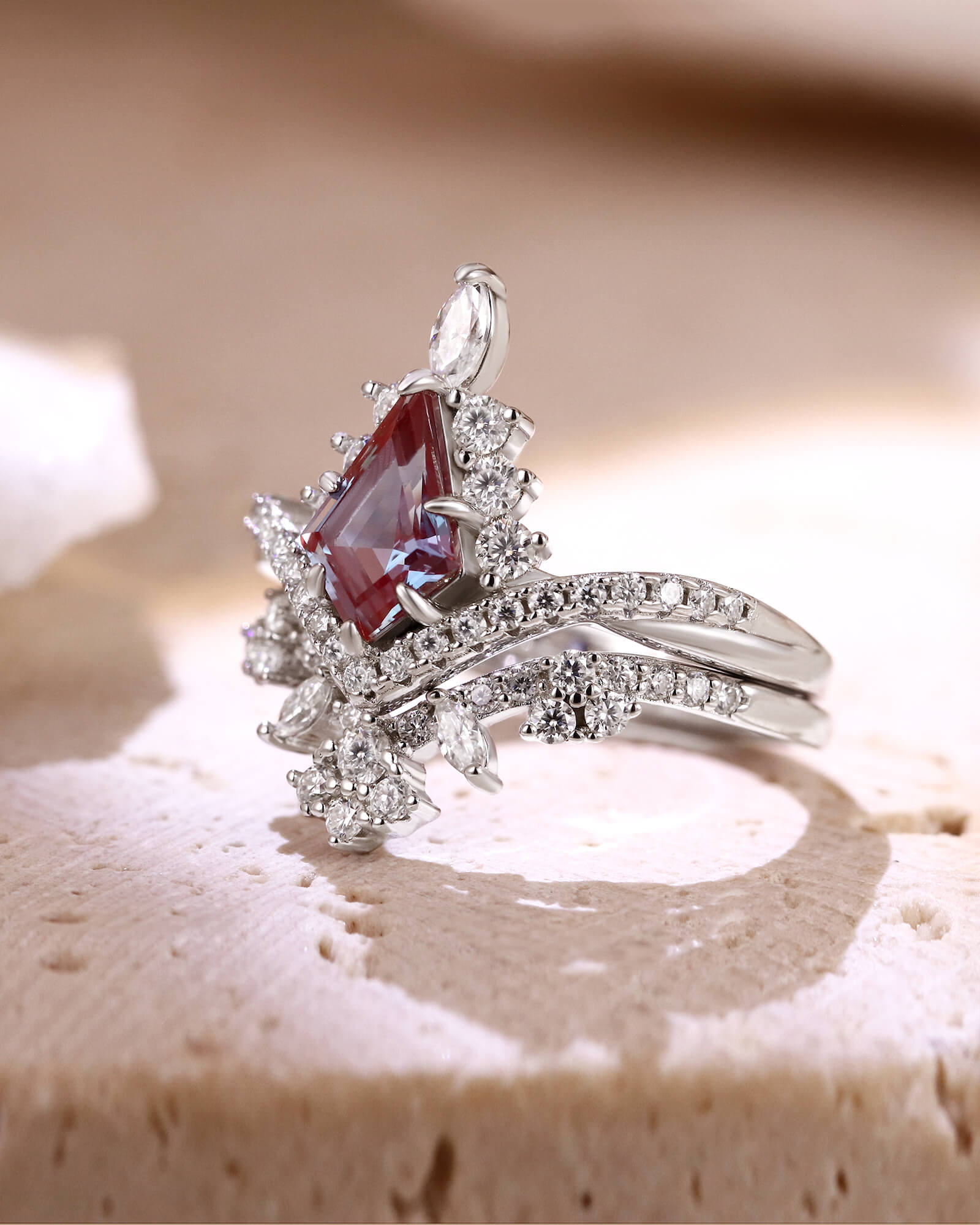 CHANTILLY Kite Cut Alexandrite Engagement Ring Cluster Bridal Ring Set CHANTILLY Kite Cut Alexandrite Engagement Ring Cluster Bridal Ring Set