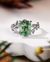 FENNA Emerald Cut Moss Agate Leafy Engagement Ring
