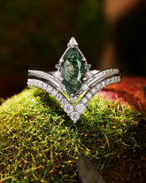 CELIA Natuer Inspired Marquise Cut Moss Agate Engagement Ring Set with Curved Wedding Band