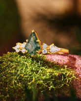 DARCIE Kite Cut Moss Agate Engagement Ring With Moissanite Side Stone