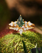 SIENNA Kite Cut Moss Agate Bridal Ring Set Nature Inspired Unique Ring Set