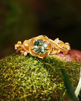 AMORA Rose Encircled Moss Agate Leafy Engagement Ring