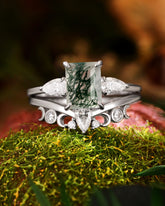 GRACE Emerald Cut Moss Agate and Moissanite Engagement Ring Set