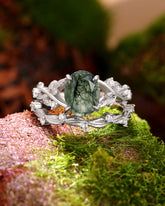 IVYANA Oval Cut Moss Agate Ring Set Nature Inspired Leaf Bridal Ring Set