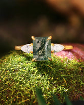 CHLOE Emerald Cut Moss Agate Engagement Ring Three Stones Ring