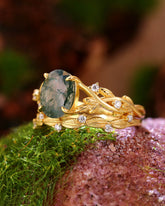 IVYANA Oval Cut Moss Agate Ring Set Nature Inspired Leaf Bridal Ring Set