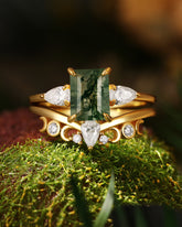 GRACE Emerald Cut Moss Agate and Moissanite Engagement Ring Set