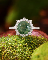 AENYA Round Moss Agate Floral Halo Engagement Ring