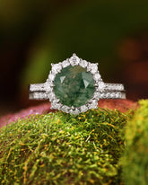 BRYONY Unique Halo Round Shaped Moss Agate Floral Engagement Bridal ring set