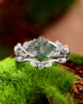 LEKAS Princess Cut Moss Agate Engagement Ring Set Nature Vibe Bridal Set