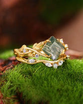 LEKAS Princess Cut Moss Agate Engagement Ring Set Nature Vibe Bridal Set