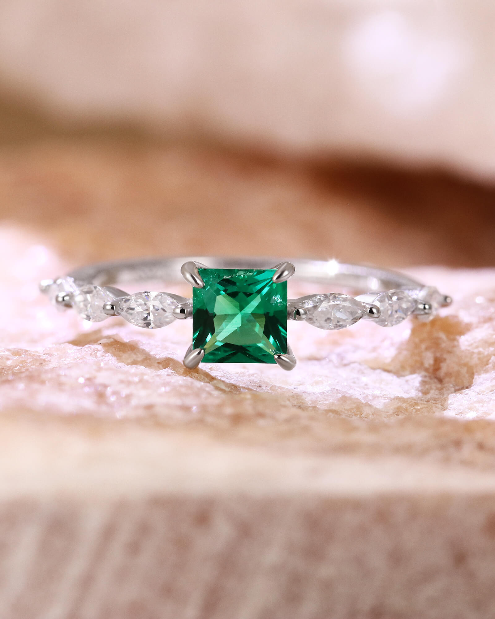 MAEVE Princess Cut Emerald Promise Ring Dainty Engagement Ring with Trio Side Stones MAEVE Princess Cut Emerald Promise Ring Dainty Engagement Ring with Trio Side Stones