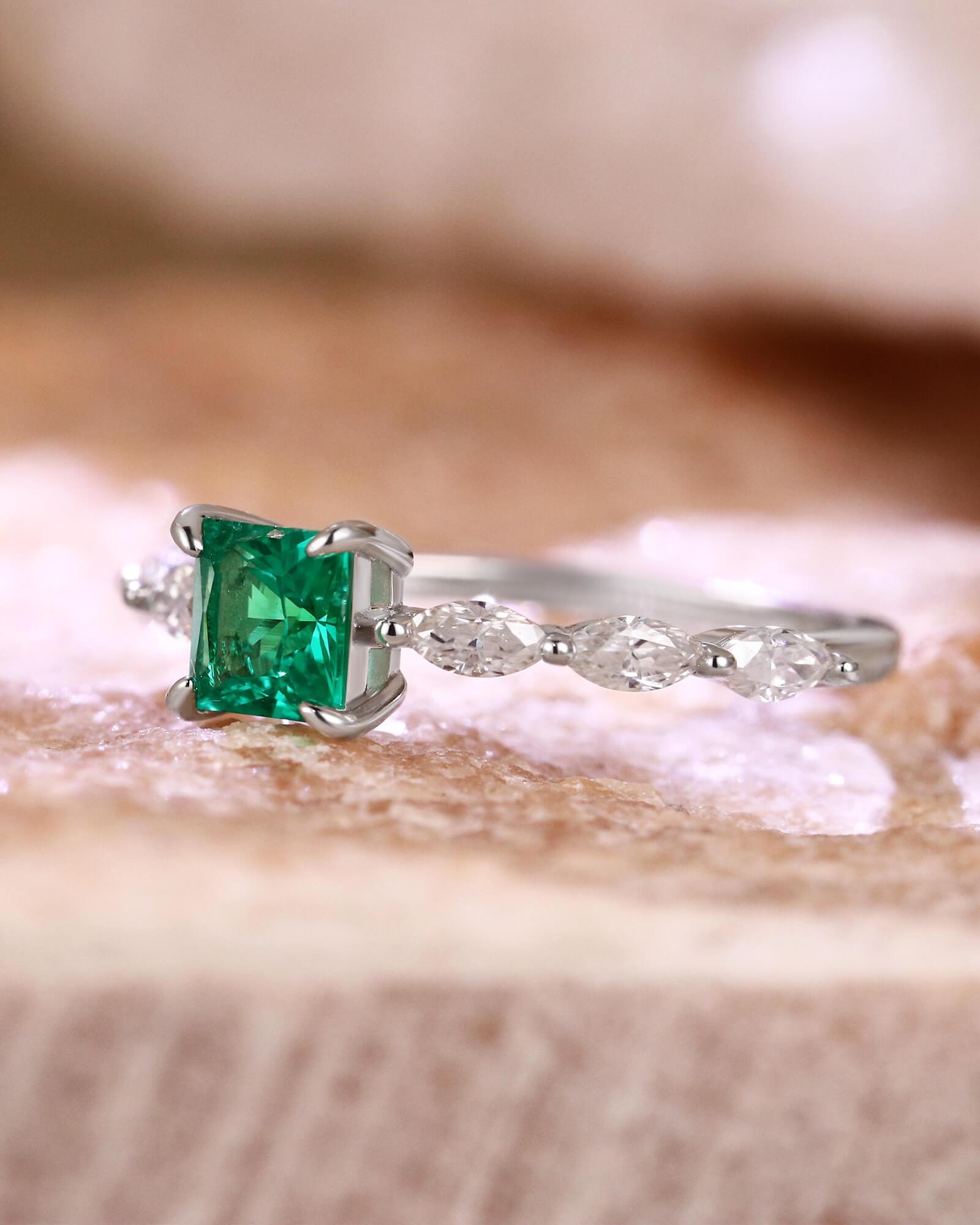 MAEVE Princess Cut Emerald Promise Ring Dainty Engagement Ring with Trio Side Stones MAEVE Princess Cut Emerald Promise Ring Dainty Engagement Ring with Trio Side Stones