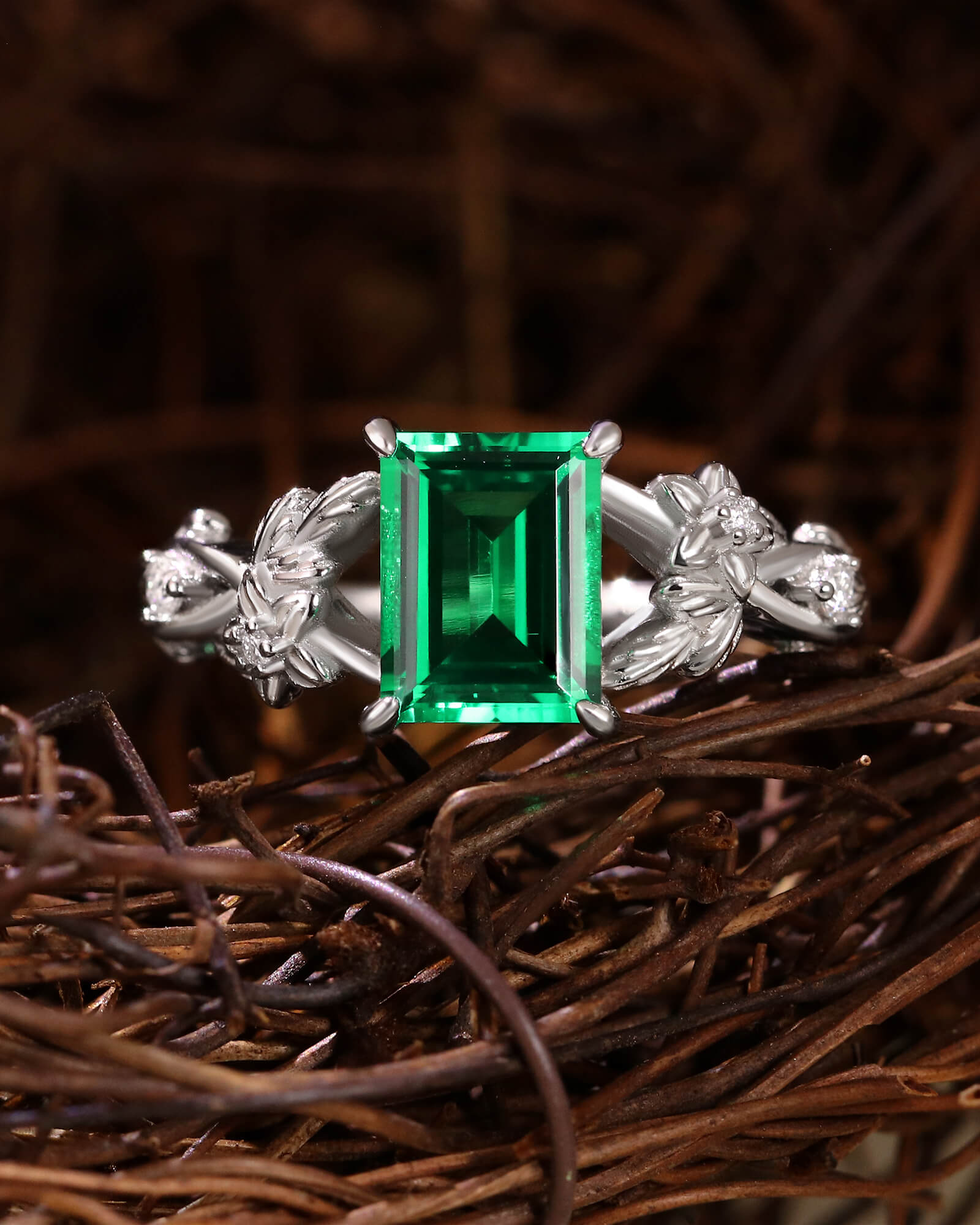 OTTILIE Garden Inspired Emerald Cut Emerald Engagement Ring OTTILIE Garden Inspired Emerald Cut Emerald Engagement Ring