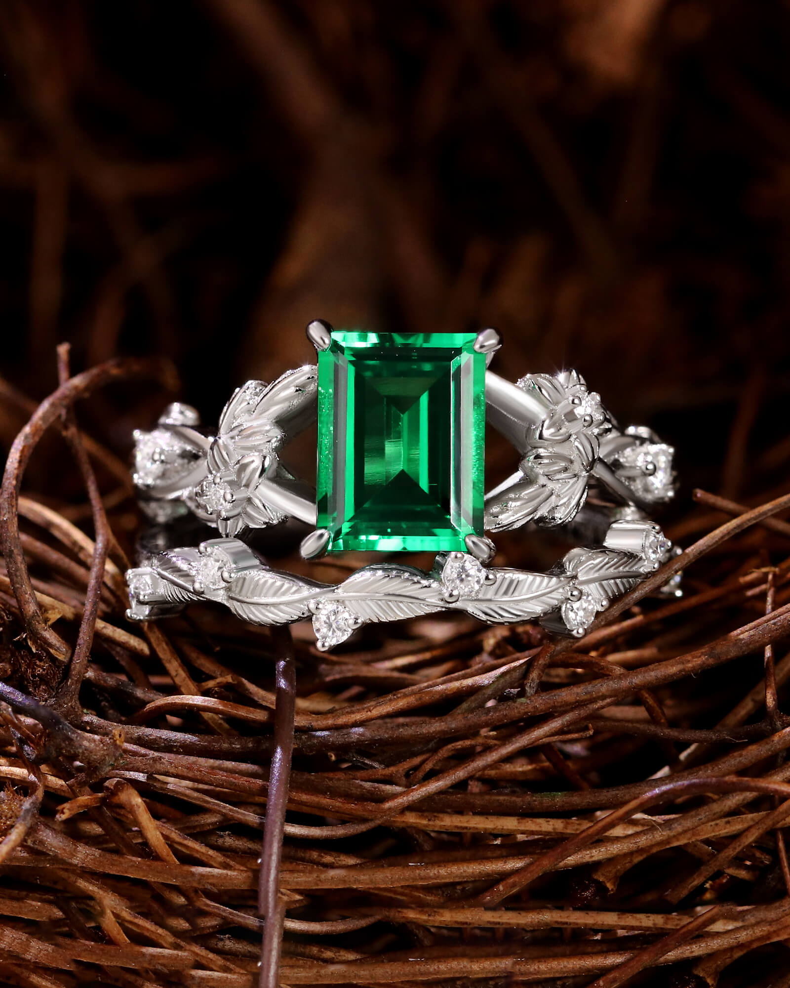 AVELINE Nature Inspired Emerald Cut Emerald Leafy Fairy Ring Set AVELINE Nature Inspired Emerald Cut Emerald Leafy Fairy Ring Set