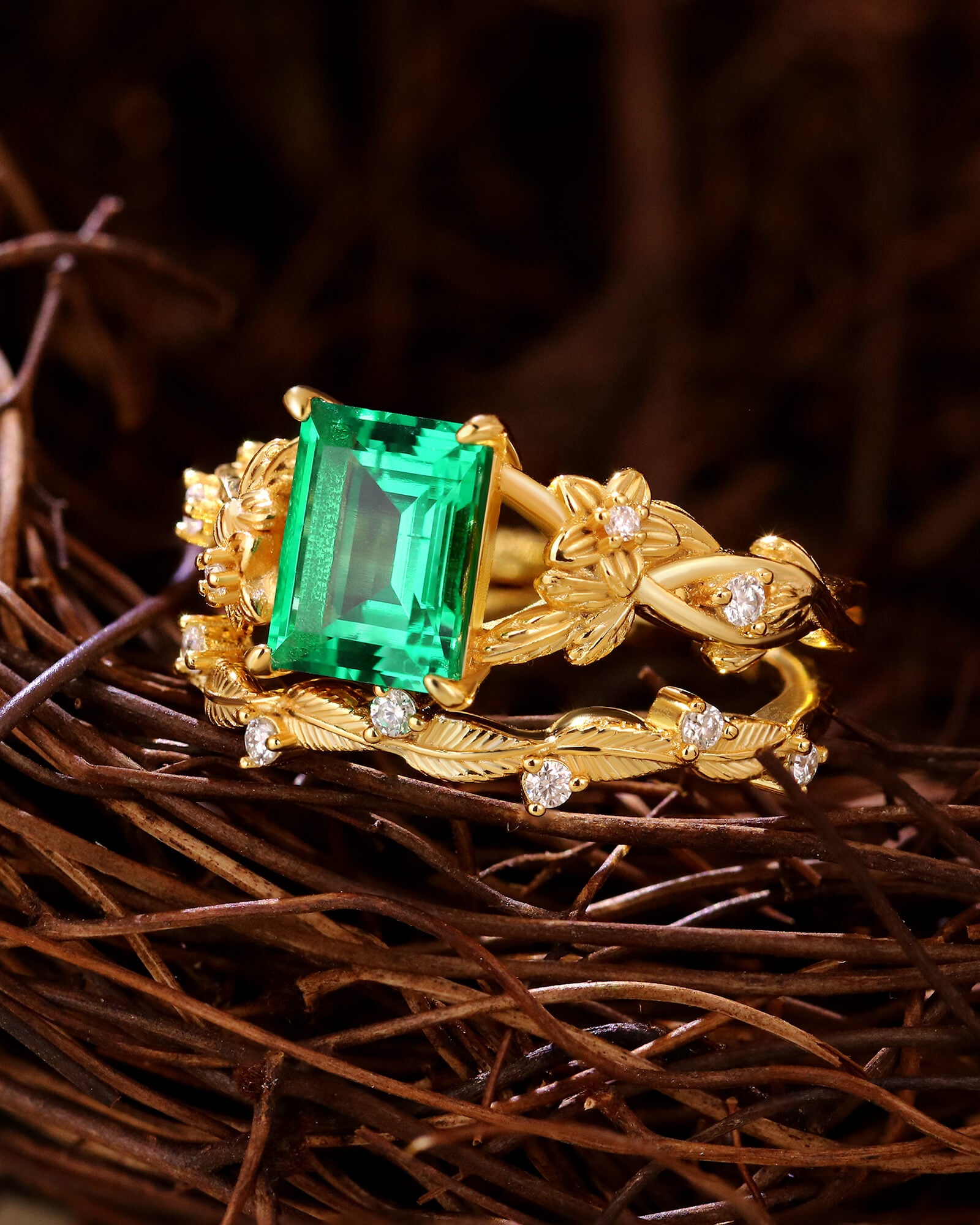 AVELINE Nature Inspired Emerald Cut Emerald Leafy Fairy Ring Set AVELINE Nature Inspired Emerald Cut Emerald Leafy Fairy Ring Set
