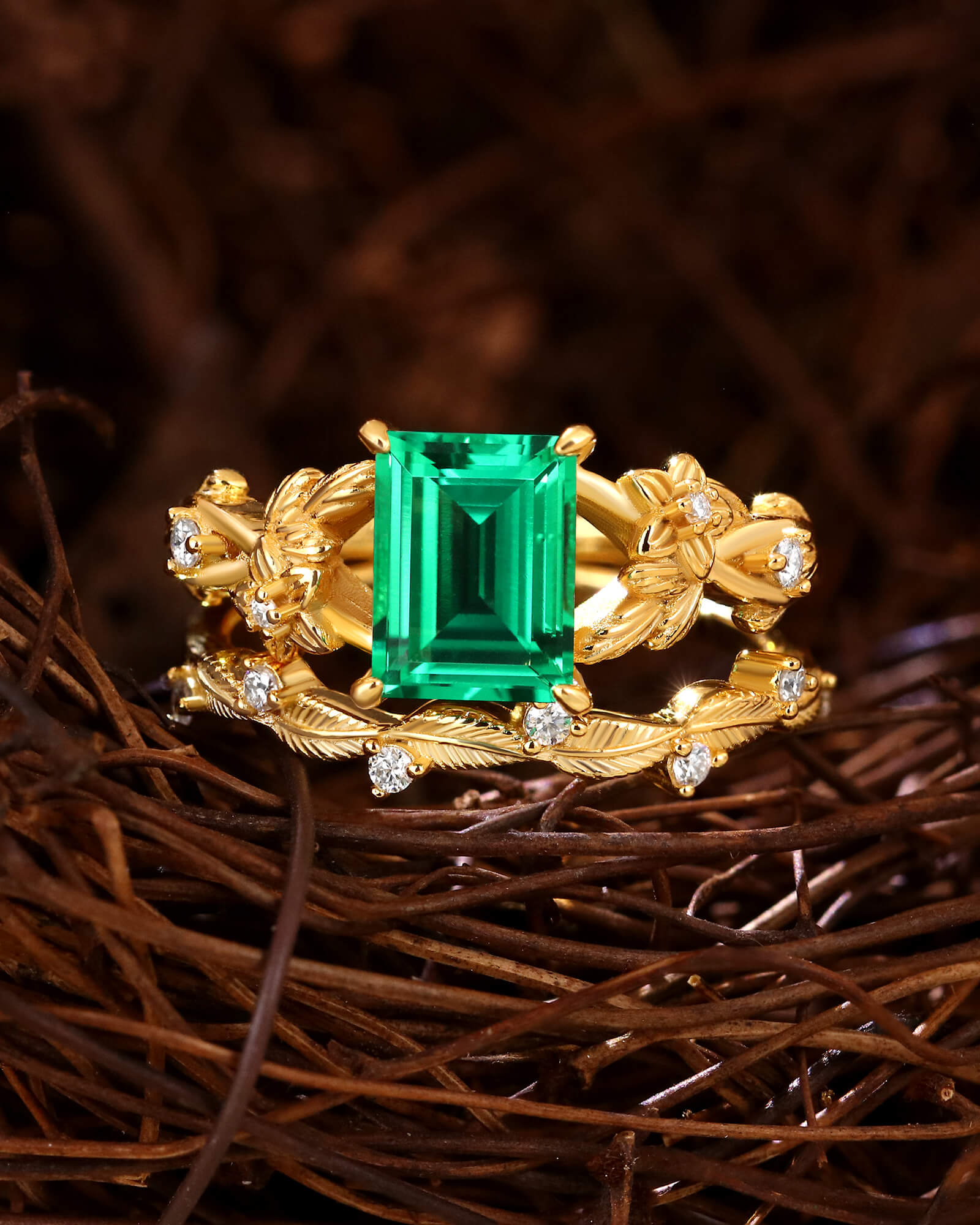 AVELINE Nature Inspired Emerald Cut Emerald Leafy Fairy Ring Set AVELINE Nature Inspired Emerald Cut Emerald Leafy Fairy Ring Set