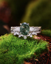 CALLUNA Twisted Oval Cut Moss Agate Engagement Ring Set 2pcs