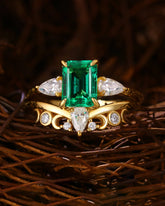 Marama Vintage Bridal Ring Set Emerald Engagement Ring with Moon and Sun Band
